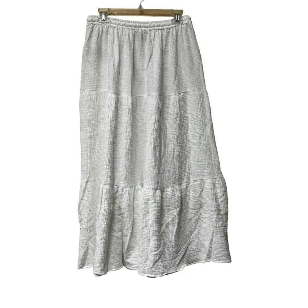 Philosophy Republic White Crinkle Cotton Gauze Tiered Midi Skirt Medium NWT